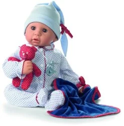 Götz 1161034 Cookie Blue Spots Puppe - 48 Cm Große Babypuppe Mit Braunen Schlafaugen, Ohne Haare Und Einem Weichkörper - 7-teiliges Set