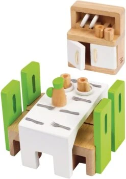 Hape E3454 Esszimmer, Grüne Stühle/weißer Tisch/schrank Mit Weißen Türen